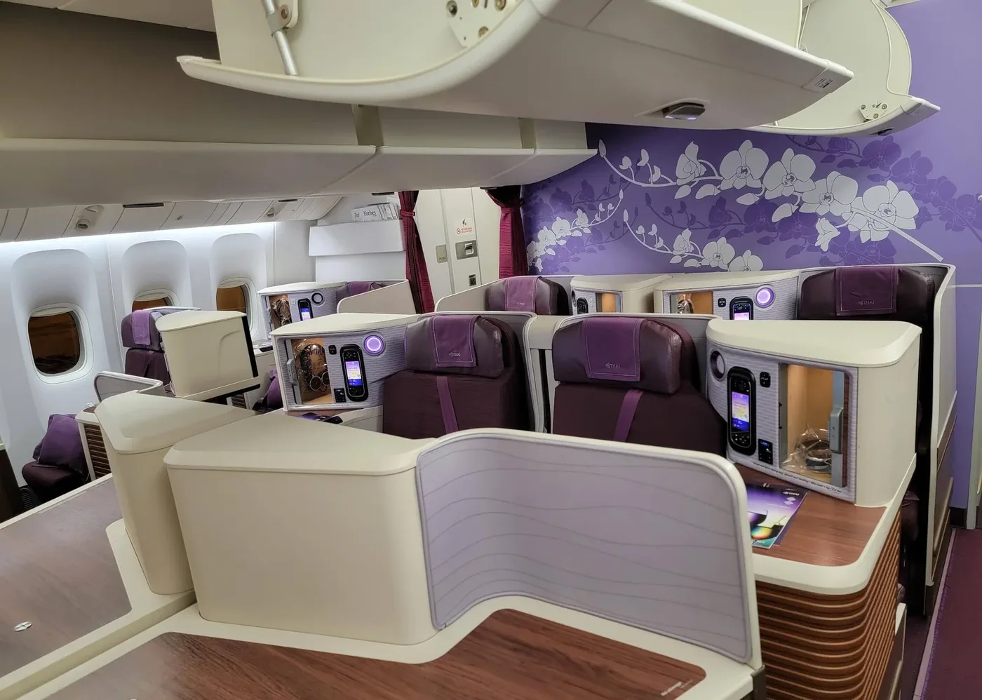 Бизнес-класс Boeing 787-9 Thai Airways: перегородка с узором и экран